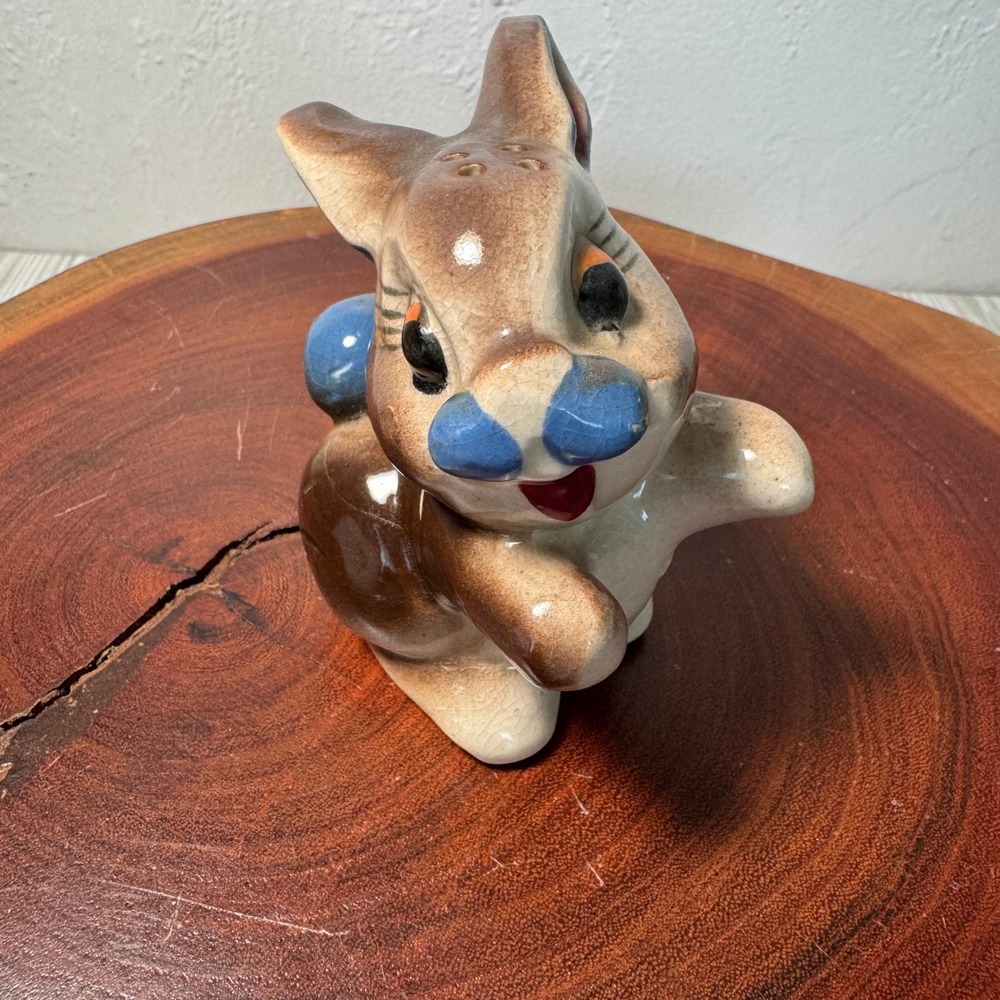 Vintage Ceramic Bunny Rabbit Salt Shaker Brown Blue Mid Century Kitsch Easter